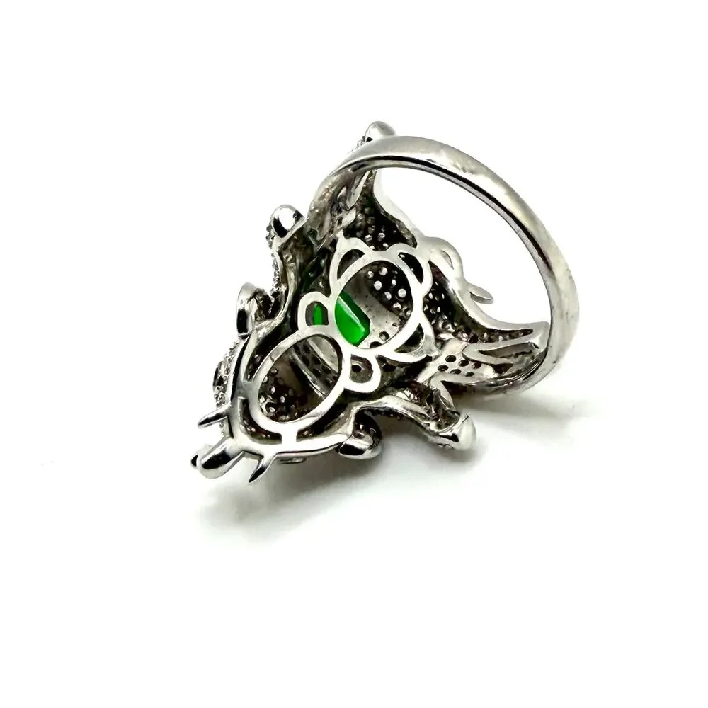 Green Sterling Silver Cubic Zirconia Pave Elephant Statement Ring